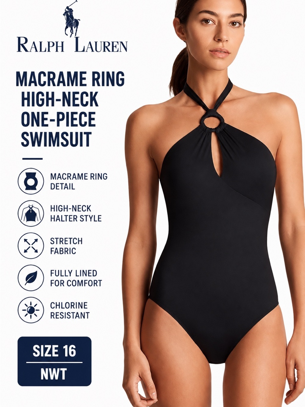 Ralph Lauren Women’s Macrame Ring High-Neck One-Piece Swimsuit Black Size 16 NWT